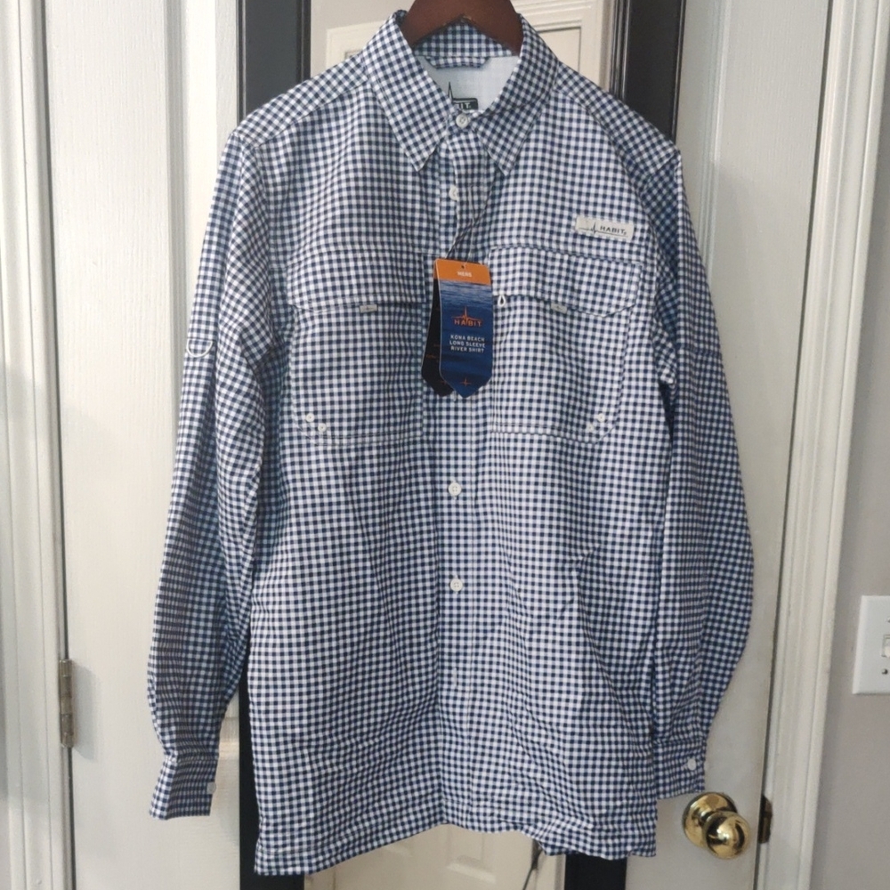 NWT Habit Brookside Check Medieval Blue Checkered Men's Long Sleeve Button Shirt